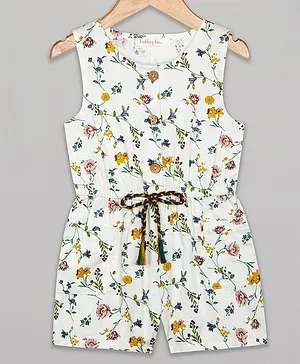 Budding Bees Sleeveless All Over Botanical Flowers Printed & Bow Embellished Jumpsuit - Off White