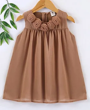 ToffyHouse Cotton Sleeveless Frock With Floral Corsage - Metallic Brown