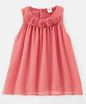 ToffyHouse Cotton Sleeveless Frock With Floral Corsage- Orange