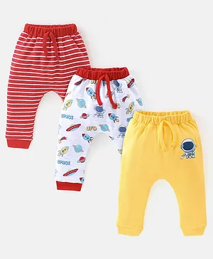 Babyhug Cotton Full Length Diaper Pants Stripes & Space Print Pack Of 3- Yellow Red & White