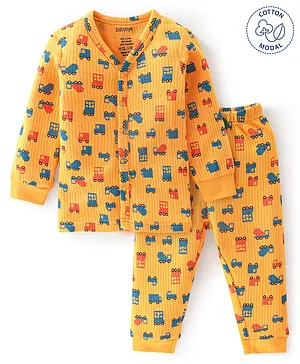 Babyoye Cotton Modal Car Print Full Sleeves Thermal Vest & Pajama Set - Yellow