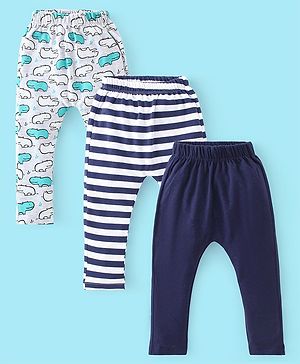Babyhug Cotton Knit Full Length Diaper Pants Stripes & Hippo Print Pack Of 3- Grey White & Blue