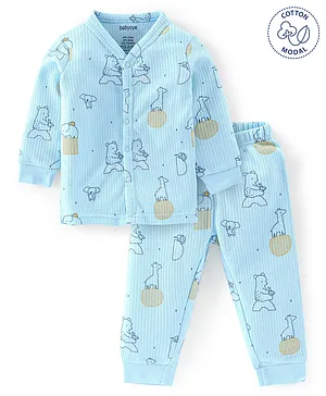 Babyoye Cotton Modal Blend Full Sleeves Bear Print Thermal Inner Wear Set - Blue