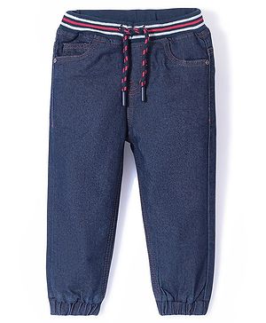 Babyhug Cotton Poly Full Length Washed Denim Jogger with Stretch - Dark Blue