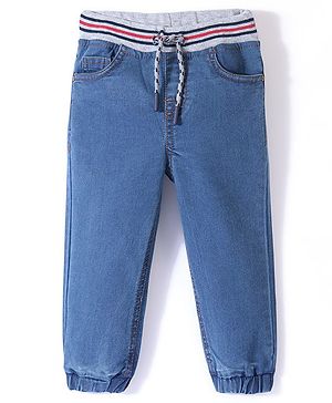 Babyhug Cotton Poly Full Length Washed Denim Jogger with Stretch - Blue