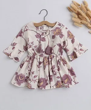 IndiUrbane Three Fourth Sleeves All Over Roses & Leaf Printed Fit & Flare Tassel Tie Up Top - Beige