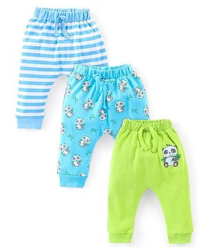 Babyhug Cotton Full Length Diaper Pants Stripes & Panda Print Pack of 3- Blue & Green
