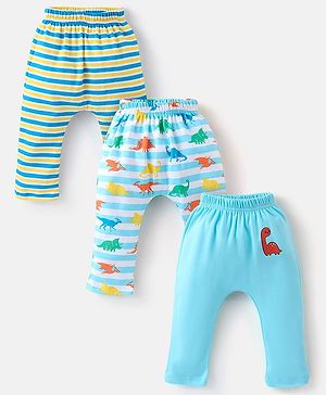 Babyhug Cotton Diaper Pants Pack of 3 Striped & Dino Print - Blue