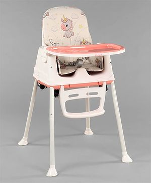 Babyhug 3 in 1 Comfy High Chair Unicorn Printed Cushion - Pink| High Chair, Feeding Chair & Booster Chair| Adjustable Double Food Tray| Removable PU Leather Seat| Safety Harness| Removable Footrest