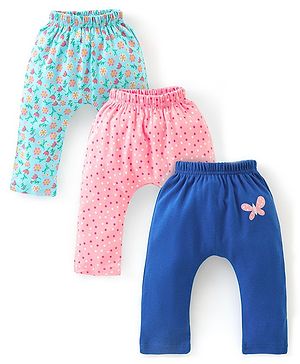 Babyhug Cotton Knit Full Length Diaper Pant with Floral Print Pack of  3 - Pink Turquoise & Royal Blue