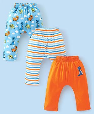 Babyhug Cotton Diaper Pants Stripes & Dino Print Pack of 3 - Blue & Orange
