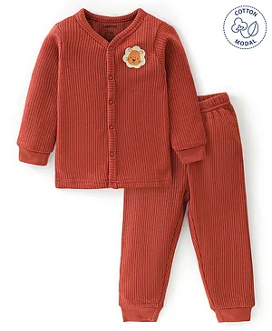 Babyoye Cotton Modal Blend Full Sleeves Solid Dyed  Thermal Vest With Lion Face & Pant Set -Brown