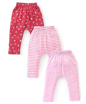 Babyhug Cotton Full Length Diaper Pants Stripes & Floral Print Pack of 3- Pink & Red