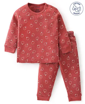 Babyoye Cotton Modal Full Sleeves Thermal Inner Wear Vest & Pajama Apple Print - Brown