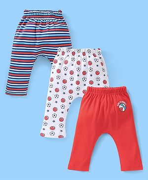 Babyhug Cotton Knee Length Diaper Pants Football Print Pack of 3 - Red & Blue