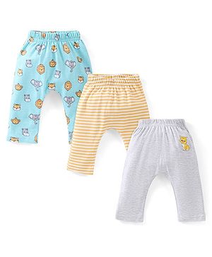 Babyhug Cotton Full Length Diaper Pants Stripes & Lion Print Pack of 3 - Blue Grey & Yellow
