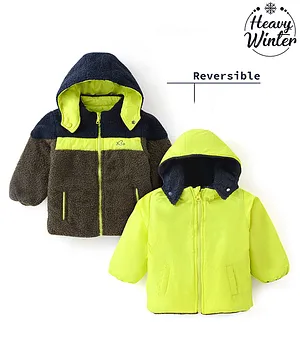 Babyoye Inner Sherpa Lined Woven Quilted Full Sleeves Reversible Jacket Colour Block Pattern- Green