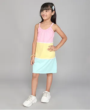 Little Angels Sleeveless Pastel Colour Blocked Tiered Dress - Pink