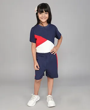 Little Angels Half Sleeves Colour Blocked Tee And Shorts Set - Navy Blue