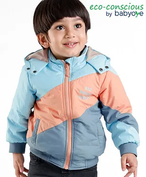 Babyoye Quilted Solid Dyed Full Sleeves Hooded Jacket - Blue Pink & Grey