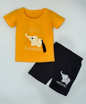 Kiwi 100% Cotton Half Sleeves Smile & Awesome Text With Baby Elephant Printed Tee & Shorts Set - Yellow
