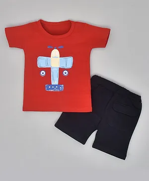 Kiwi 100% Cotton Half Sleeves Aeroplane Printed Tee & Shorts Set - Red