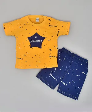 Kiwi 100% Cotton Half Sleeves Awesome Star Patched & Colour Splashed Tee With Shorts - Yellow