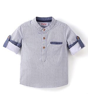 Babyhug Cotton Woven Full Sleeves Shirt with Utility Pocket & Floral Print - White & Blue