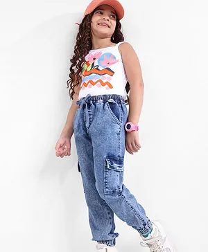 Ollington St. Printed One Shoulder Top with Stretchable Denim Joggers - White & Indigo