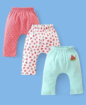 Babyhug Cotton Full Length Diaper Pants Dot & Floral Print Pack of 3- Blue Pink & White