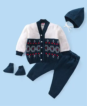 Babyhug 100% Acrylic Full Sleeves Baby Sweater Sets with Cap and Booties Diamond Design - Navy Blue