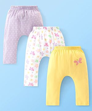 Babyhug Cotton Full Length Diaper Pants Butterfly & Floral Print Pack Of 3- Yellow White & Purple