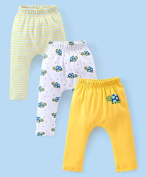 Babyhug Cotton Knee Length Diaper Pants Stripes & Turtle Print Pack of 3- Yellow Green & White