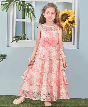 Lil Peacock Sleeveless Flower Applique Party Wear Lace Gown - Pink
