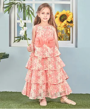 Lil Peacock Sleeveless Flower Applique Party Wear Lace Gown - Burnt Orange