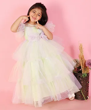Lil Peacock Frilled Sleeves Shimmery Flower Applique Party Wear Gown - Mint Green