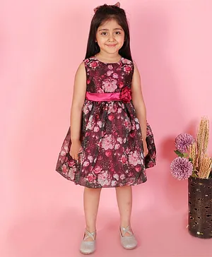 Lil Peacock Sleeveless All Over Forest Night Wild Flowers Organza Printed Flower Applique Embellished Fit & Flare Balloon Dress - Maroon