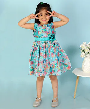 Lil Peacock Sleeveless All Over Watercolour Effect Floral Organza Printed Flower Applique Embellished Fit & Flare Balloon Dress - Teal Green