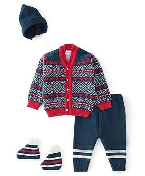 Babyhug Knitted Full Sleeves Striped Design Sweater Set with Cap & Booties - Red & Navy Blue