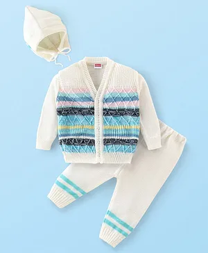 Babyhug Full Sleeves Baby Sweater Set with Cap Chevron Design - Off White & Blue
