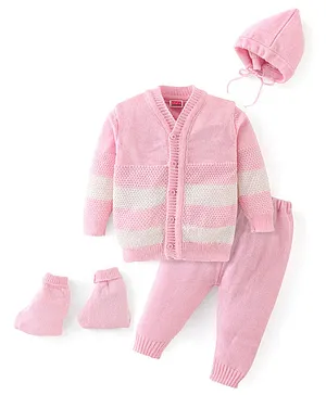 Babyhug Full Sleeves Sweater Set Striped with Cap - Pink