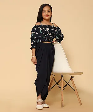 Kids Cave Three Fourth Sleeves Flowers Printed Cold Shoulder Top With Dhoti Style Draped Dhoti Pant - Blue