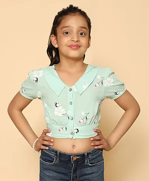 Kids Cave Half Sleeves  Floral Printed Smocked Top - Light Green