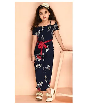 Kids Cave Half Cold Shoulder Sleeves All Over Flowers Printed & Smocked Bodice Detailed Jumpsuit With Front Tie Up - Blue