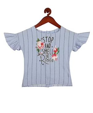 Tiny Girl Frill Half Sleeves Roses Printed & Pencil Striped Top - Blue