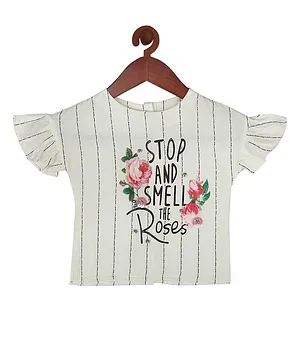 Tiny Girl Frill Half Sleeves Roses Printed & Pencil Striped Top - Off White