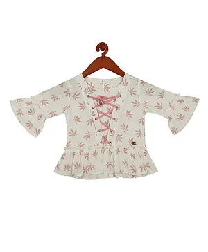 Tiny Girl Tiny Girl Three Fourth Bell Sleeves All Over Printed Peplum Laced Up Top - Onion Pink