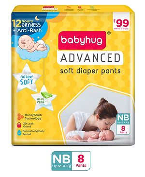 Babyhug Advanced Pant Style Diaper New Born - 8 Pieces, Honeycomb Technology, Cottony Soft Diaper with 3D Leak Guard, Latex & Alcohol Free, Anti-rash & Gentle