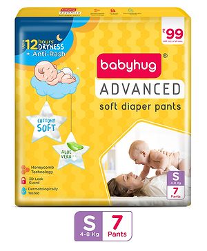 Babyhug Advanced Pant Style Diaper Small (S) Size - 7 Pieces, Honeycomb Technology, Cottony Soft Diaper with 3D Leak Guard, Latex & Alcohol Free, Anti-rash & Gentle