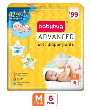 Babyhug Advanced Pant Style Diaper Medium - 6 Pieces, Honeycomb Technology, Cottony Soft Diaper with 3D Leak Guard, Latex & Alcohol Free, Anti-rash & Gentle